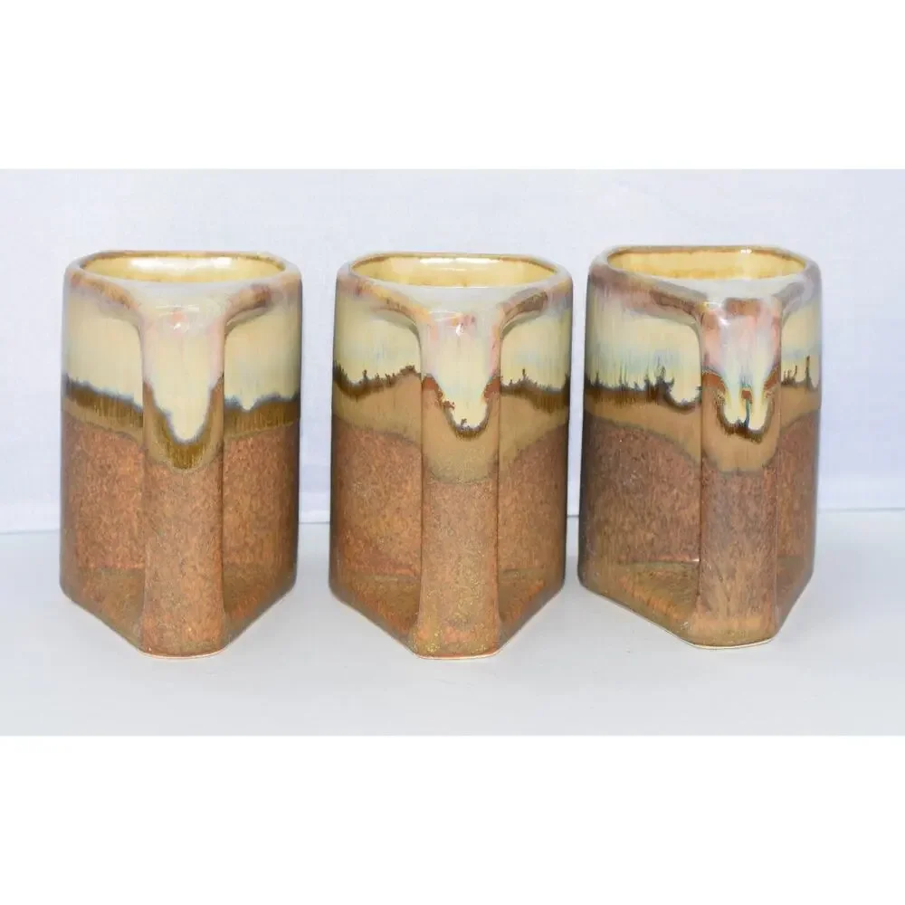 Mid-Century Rodolfo Padilla Drip Glaze Pottery Coffee Mugs 3pc Coffee Mug Set